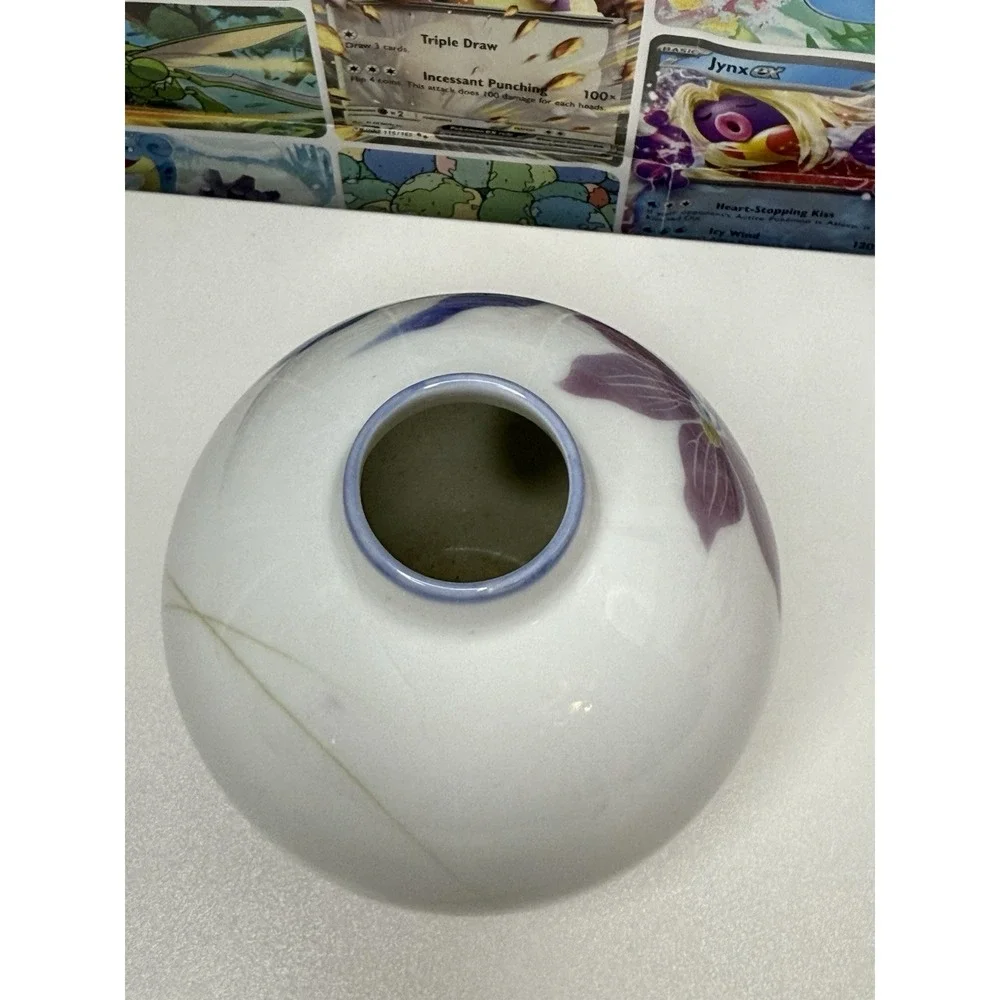 Vintage Signed Studio Pottery Floral Bud Vase Round White Blue Purple 4.5